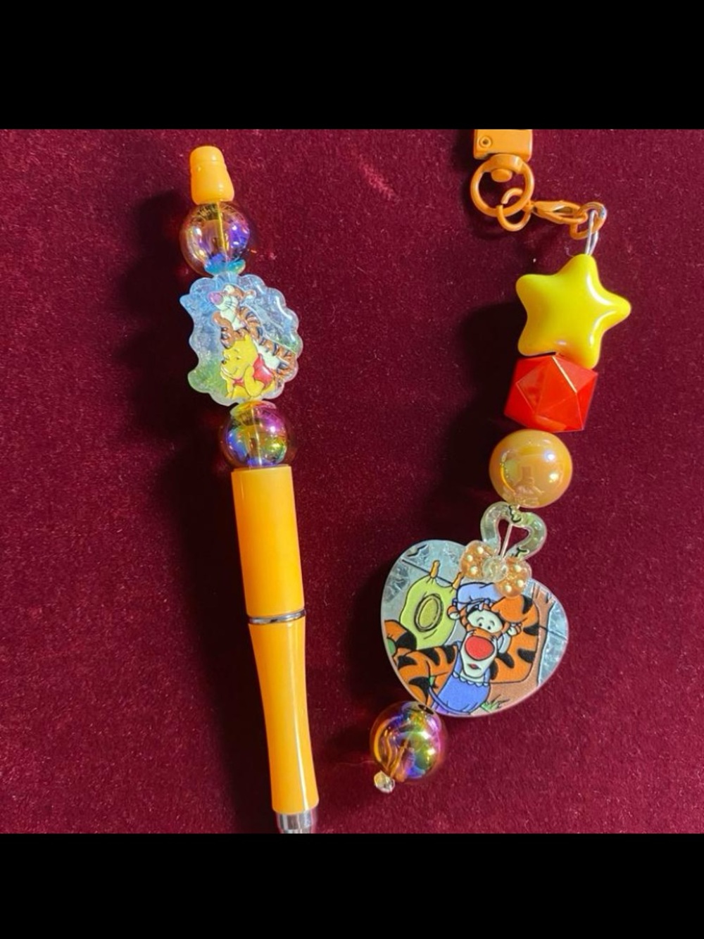 Handmade Orange Character Beaded Pen with Tigger bag Charm/ keychain